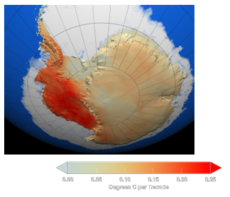 Figure 14. This NASA image shows the extensive warming of the West Antarctic ice-sheet surface inland of the Antarctic Peninsula. This warming is significantly higher than previously reported, exceeding 0.1 degree C per decade over the past 50 years, and is strongest in winter and spring. The image incorporates temperature data collected over a 50-year period from 1957 to 2006 (NASA/GSFC Scientific Visualization Studio 2008) 