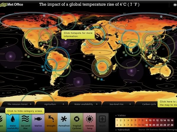 Figure 15. This 4°C average global warming map shows the far higher regional warming that the polar regions would be subjected to (AVOID 2009). High resolution and interactive versions of this map can be obtained from the UK Met Office 